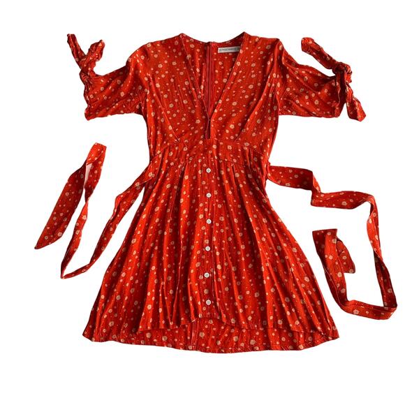 Faithfull the Brand Ditsy Floral Arm Back Bow Deep V Short Sleeve Mini Dress XS - Picture 1 of 8